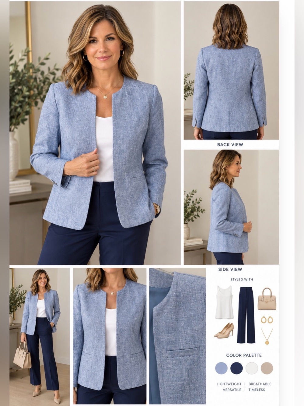 Talbots Light Blue Collarless Linen Blazer
